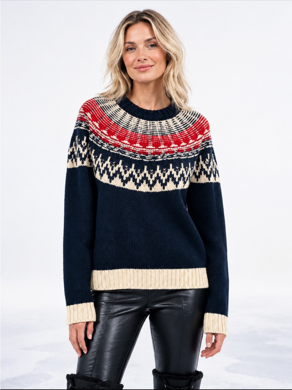 Roots Tundra Navy Red Cream Fair Isle Wool Blend Crewneck Sweater XL Heritage